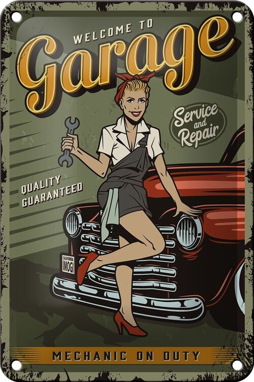 Blechschild Retro 12x18cm Pinup welcome to Garage service Dekoration