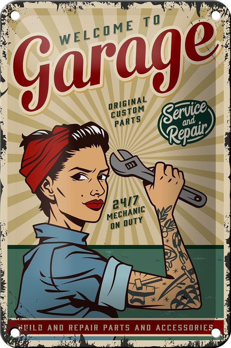 Blechschild Retro 12x18cm Pinup welcome Garage service 24/7 Dekoration