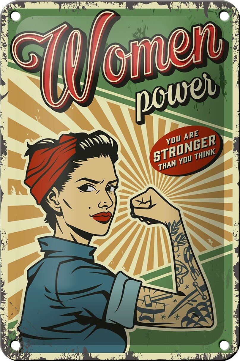 Tin sign retro 12x18cm pinup women power girl stronger decoration