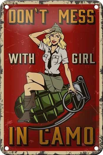 Plaque en étain Pinup 12x18cm Don`t mess with Girl in camo decoration 1