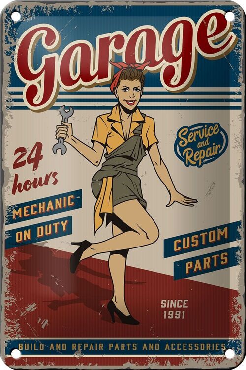 Blechschild Retro 12x18cm Pinup Garage 24 hours repair Auto Dekoration