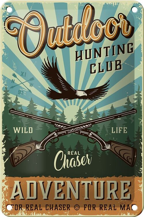Blechschild Retro 12x18cm Outdoor hunting club Adventure Dekoration
