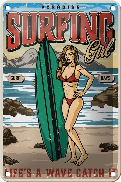 Blechschild Pinup 12x18cm Surfing Girl Paradise Sommer Dekoration