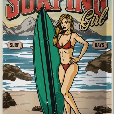 Targa in metallo Pinup 12x18 cm Surfing Girl Paradise Decorazione estiva