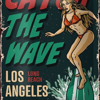 Cartel de chapa Pinup 12x18cm Surfing Girl Los Ángeles Decoración de verano