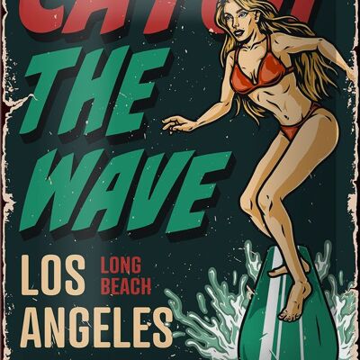 Blechschild Pinup 12x18cm Surfing Girl Los Angeles Sommer Dekoration