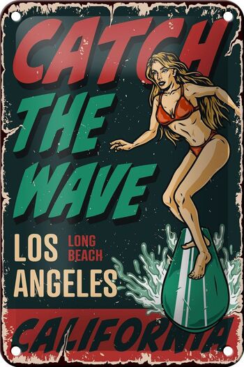Panneau en étain Pinup 12x18cm, fille de surf, décoration d'été de Los Angeles 1