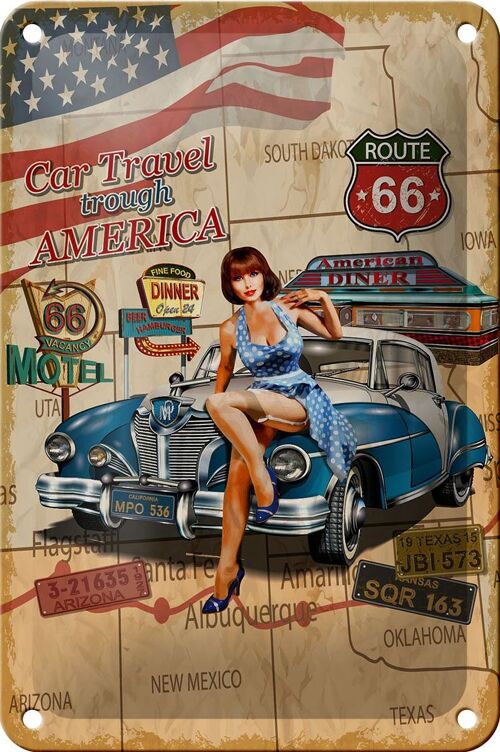 Blechschild Retro 12x18cm Pinup Car Travel trough America Dekoration