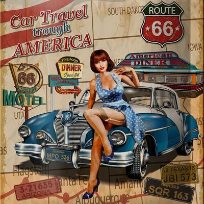 Cartel de chapa Retro, 12x18cm, Pinup, coche, viaje, decoración americana