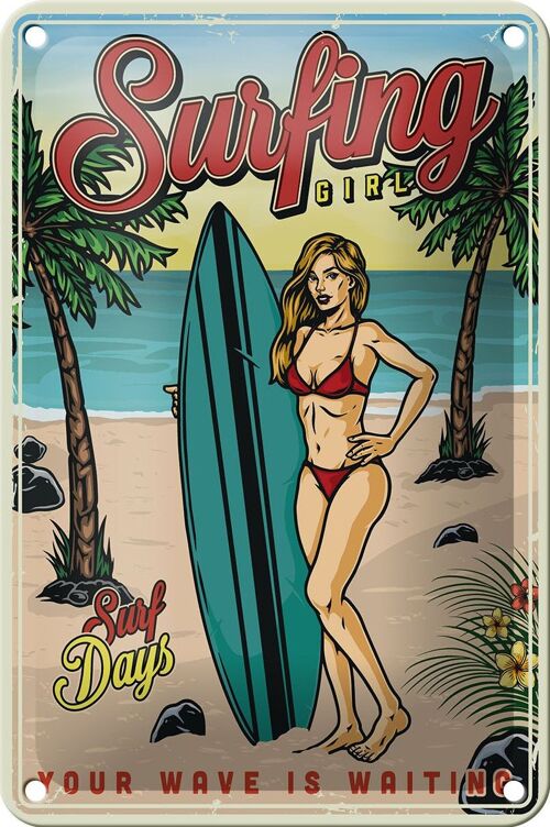 Blechschild Retro 12x18cm Pin Up Surfing Girl Sommer Party Dekoration