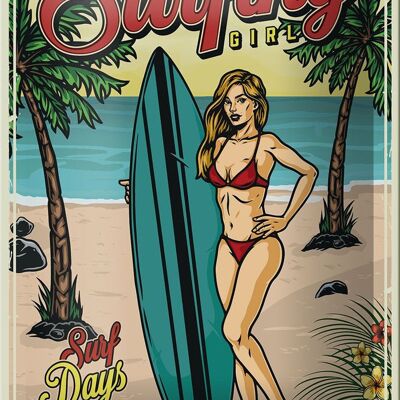 Targa in metallo retrò 12x18 cm Pin Up Surfing Girl Decorazione estiva per feste