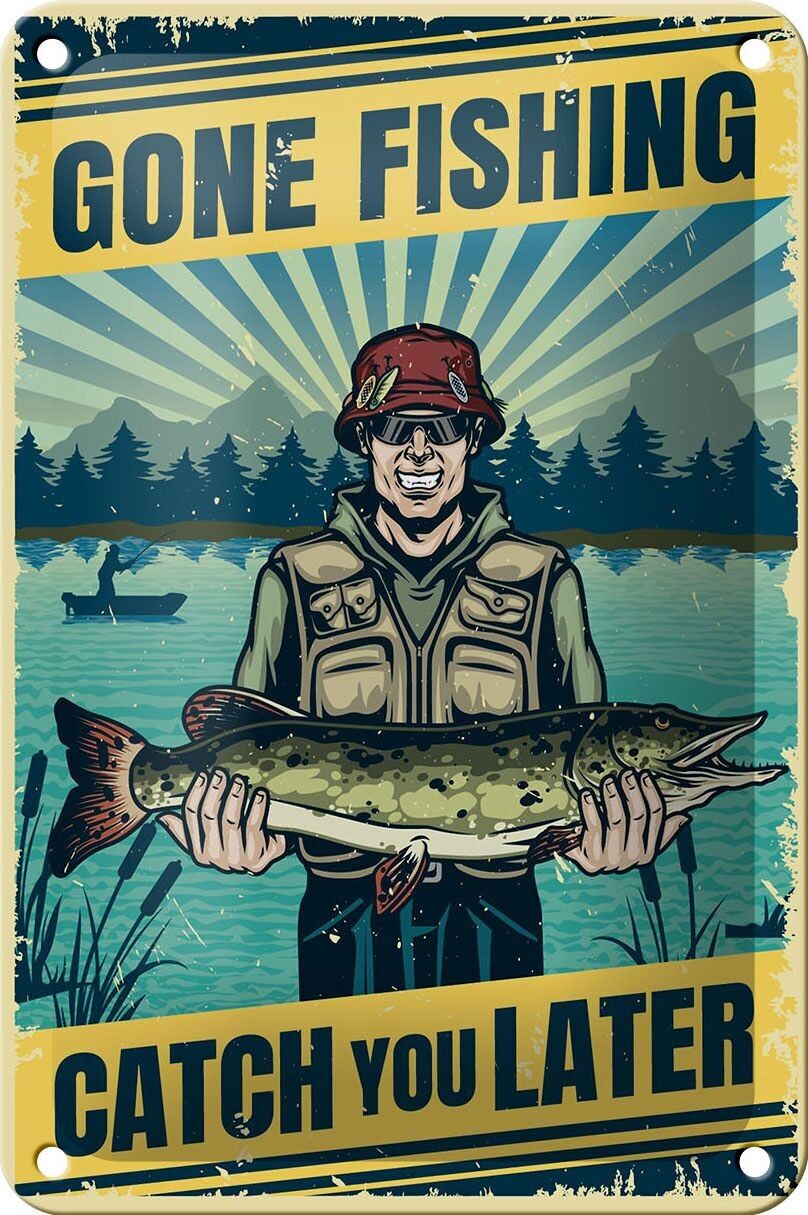 Targa in metallo retrò 12x18 cm Decorazione pesca andata a pesca