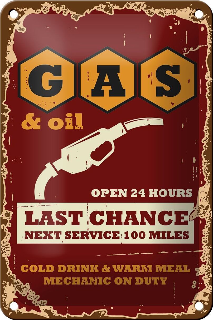 Targa in metallo retrò 12x18 cm Gas e Petrolio Decorazione Ultima chance
