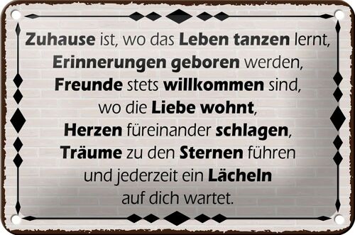 Blechschild Spruch 18x12cm Zuhause ist wo Leben tanzen lernt Dekoration