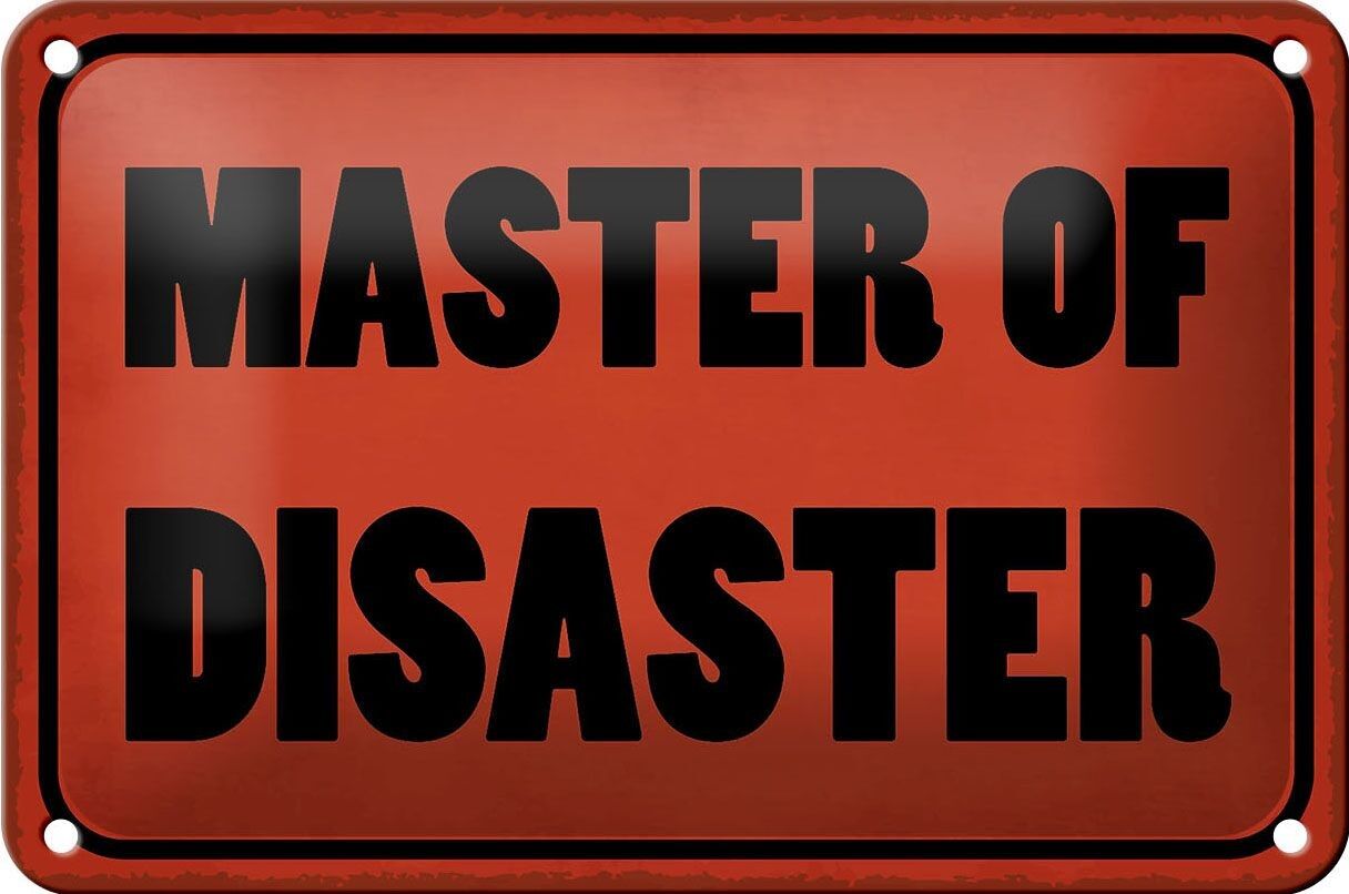 Targa in metallo con scritta "Maestro del disastro" 18x12 cm, decorazione regalo