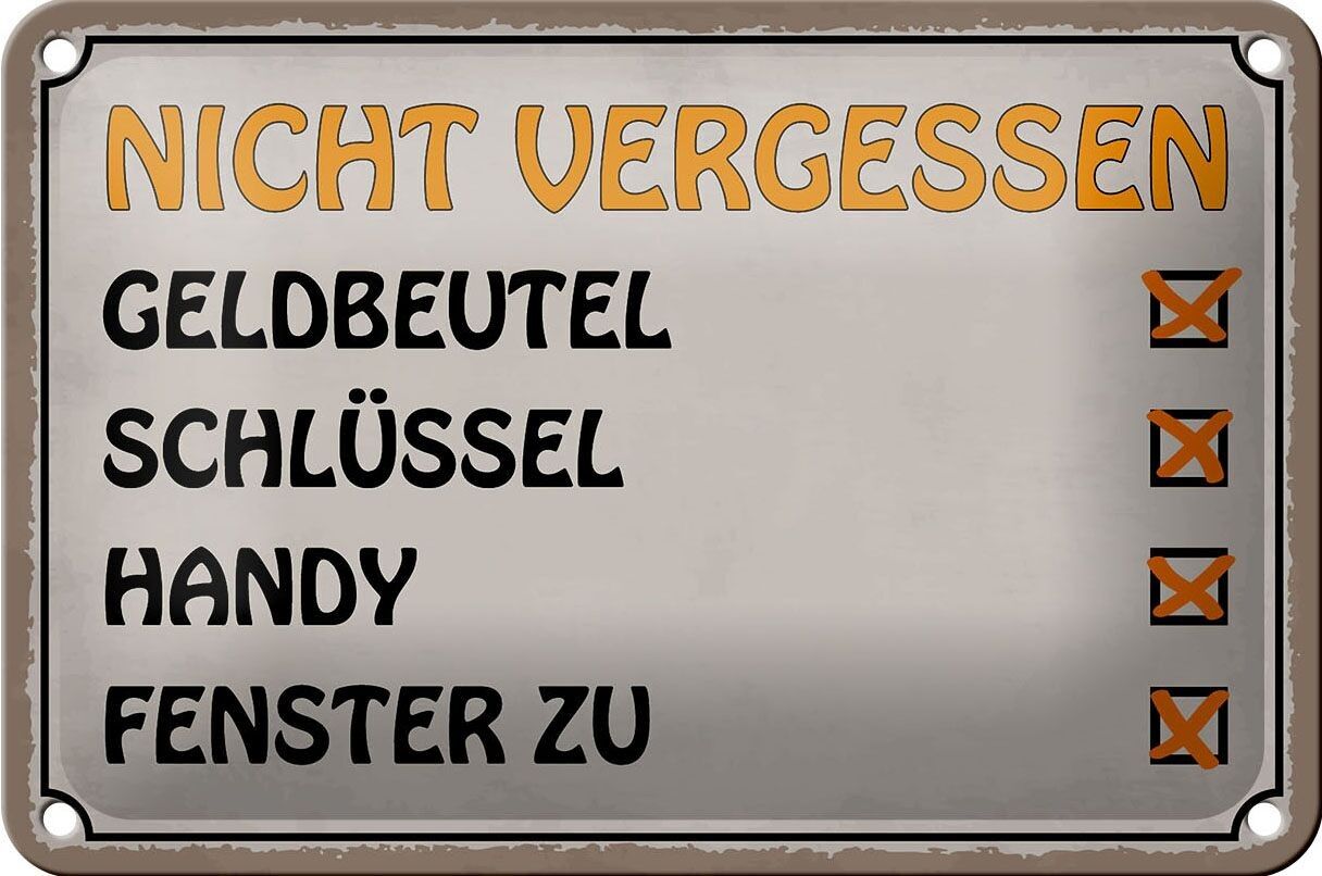 Targa in metallo con scritta "Non dimenticare la lista della decorazione della borsa" 18x12 cm