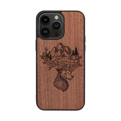 Funda de madera para iPhone – Ciervos y montañas