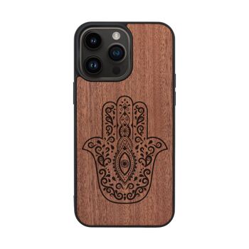 Coque iPhone en bois – Main de Hamsa 1
