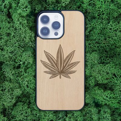 Coque iPhone en bois – Feuille de marijuana