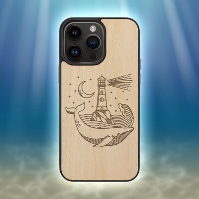 Coque iPhone en bois – Phare et baleine