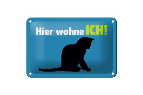 Blechschild Spruch 18x12cm Katze hier wohne ich blau Dekoration