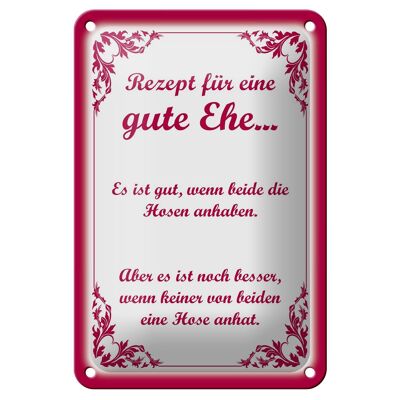 Cartel de chapa con texto "Receta para una buena decoración matrimonial" de 12x18 cm.