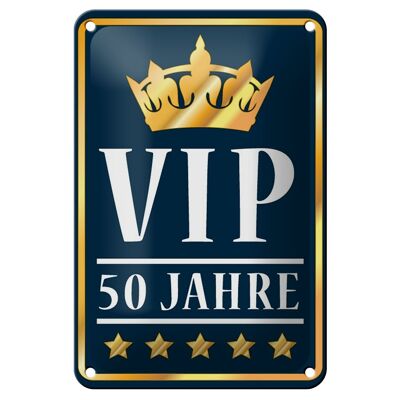 Cartel de chapa con texto 12x18cm VIP 50 años (azul/blanco) decoración
