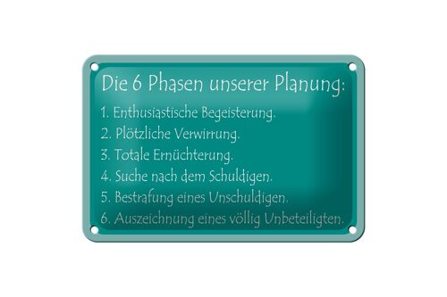 Blechschild Spruch 18x12cm Die 6 Phasen unserer Planung Dekoration