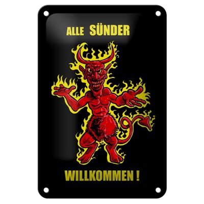 Tin sign saying 12x18cm All sinners welcome (devil) decoration