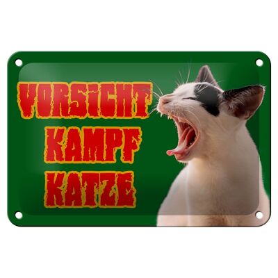Cartel de chapa que dice 18x12cm Precaución gato luchador verde. decoración