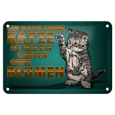 Targa in metallo con scritta "Casa senza giardino per gatti", senza fiori, 18x12 cm