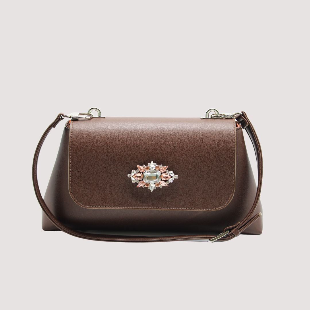 Borsa media con chiusura e gioiello colore marrone, tracolla a spalla Made in Italy