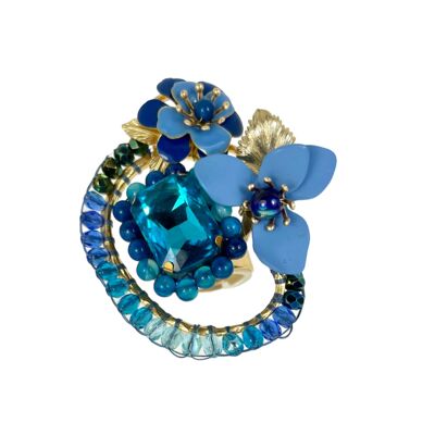 Anillo azul elegante con montura dorada ajustable