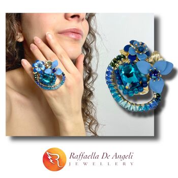 Bague Bleue Chic avec Serti Doré Ajustable 2