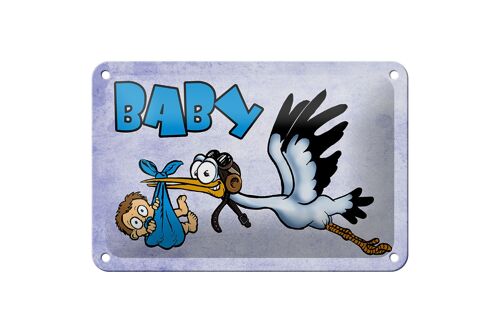 Blechschild Baby 18x12cm Storch bringt Kind in blau Deko