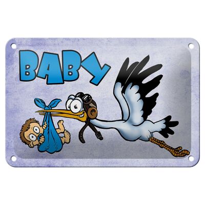 Tin sign baby 18x12cm stork brings child in blue decoration