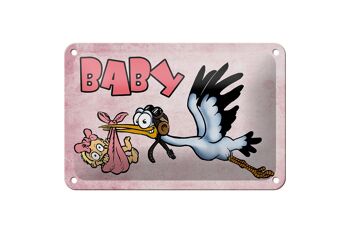Plaque en tôle bébé 18x12cm cigogne amène enfant décoration rose 1
