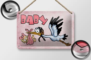 Plaque en tôle bébé 18x12cm cigogne amène enfant décoration rose 2