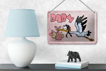 Plaque en tôle bébé 18x12cm cigogne amène enfant décoration rose 4