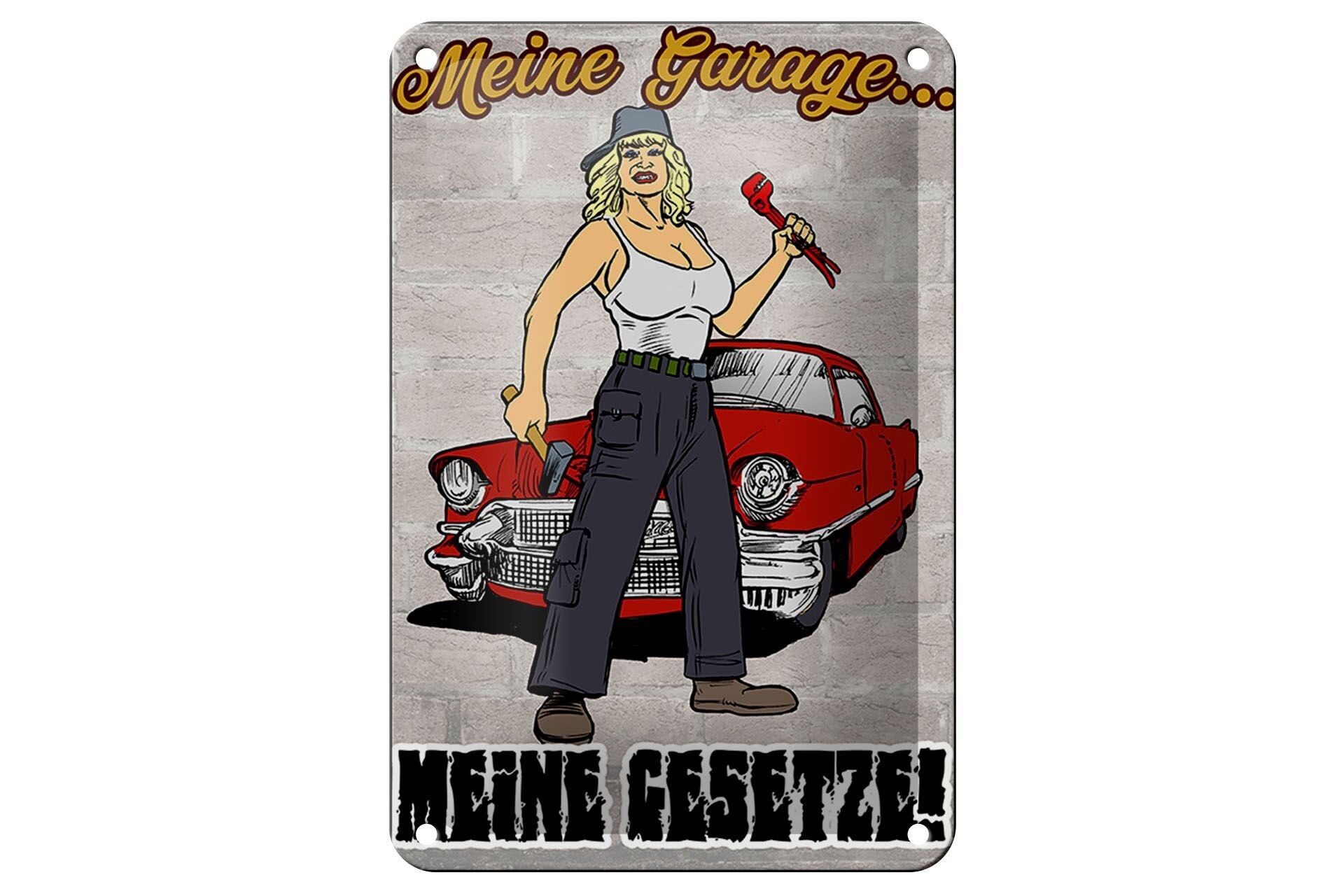 Blechschild Pinup 12x18cm Meine Garage meine Gesetze Dekoration