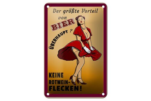 Blechschild Pinup 12x18cm Vorteil Bier keine Rotweinflecken Dekoration