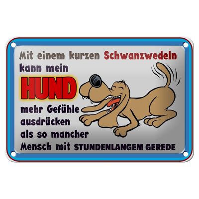 Letrero de chapa que dice 18x12 cm con decoración de perro de cola corta meneando