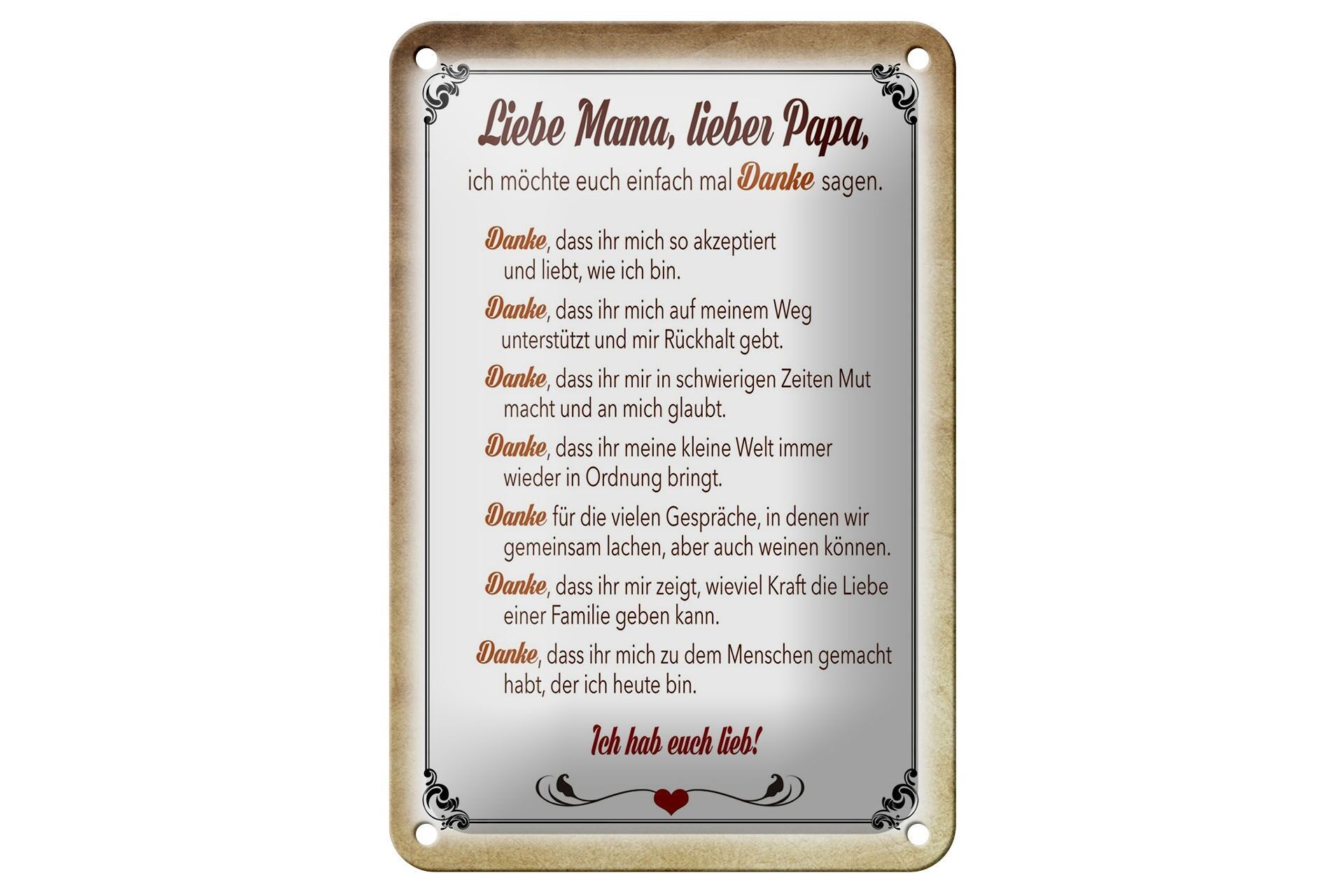 Letrero de chapa que dice 12x18cm Mamá Papá te amo gracias decoración