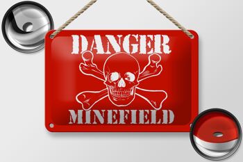 Panneau d'avertissement en étain 18x12cm, décoration de crâne de champ de mines de Danger 2