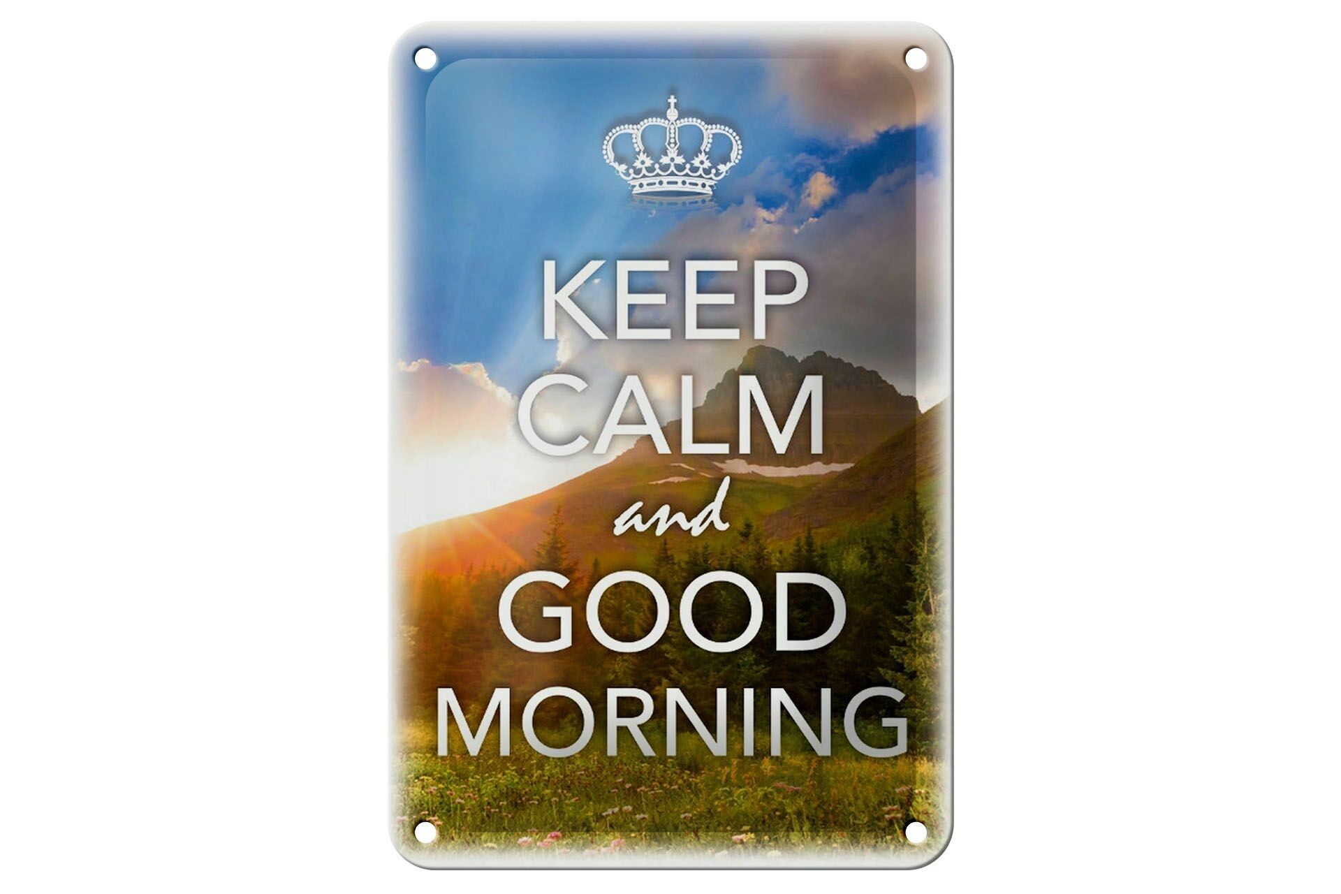 Targa in metallo con scritta "Keep Calm and Good Morning" 12x18 cm