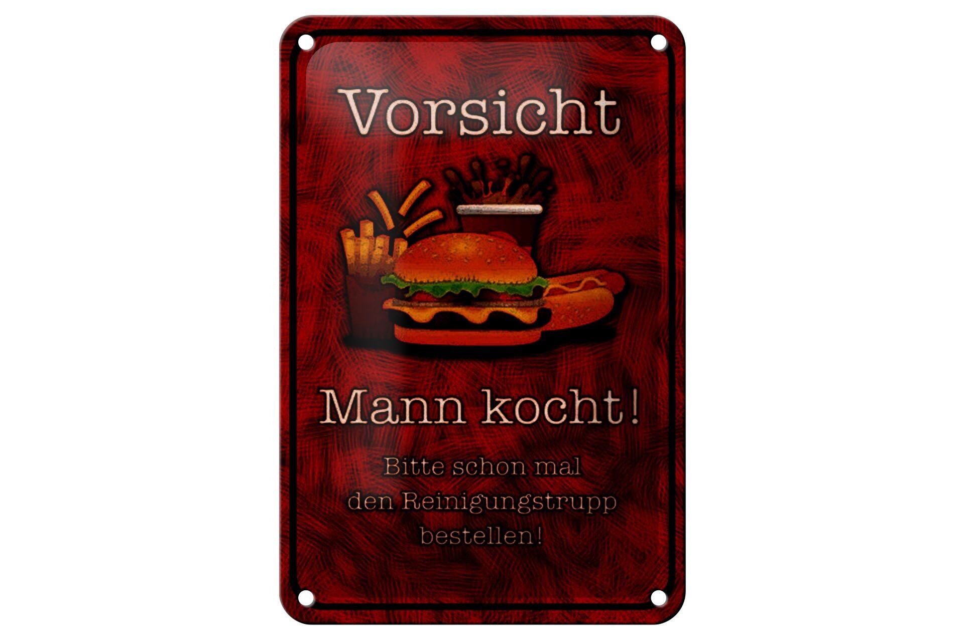 Tin sign saying 12x18cm Caution man cooks please decoration