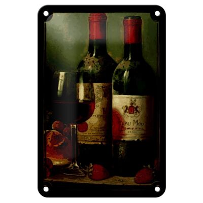 Cartel de chapa artístico, 12x18cm, bodegón, vino tinto, fresas, decoración de frutas