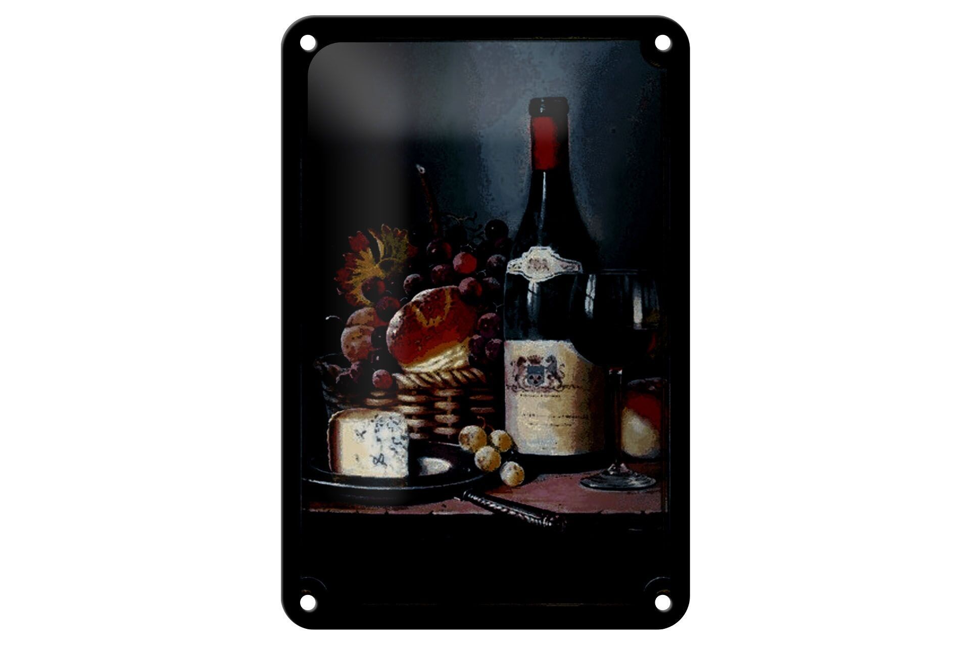 Tin sign art 12x18cm still life red wine cheese fruit decoration