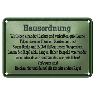 Blechschild Spruch 18x12cm Hausordnung wir lieben einander Dekoration