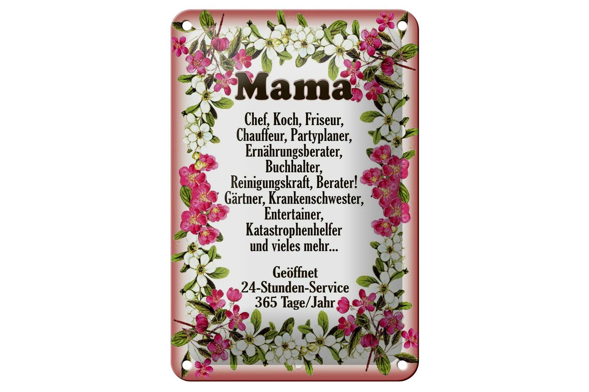 Targa in metallo con scritta "Mama Chef Cook" Parrucchiere con fiori, decorazione 12x18 cm